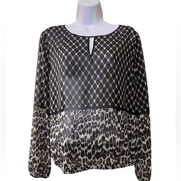 Chico’s SZ 8 Semi Sheer Black Chiffon Animal Print Blouse Open Split Back - Picture 1 of 13